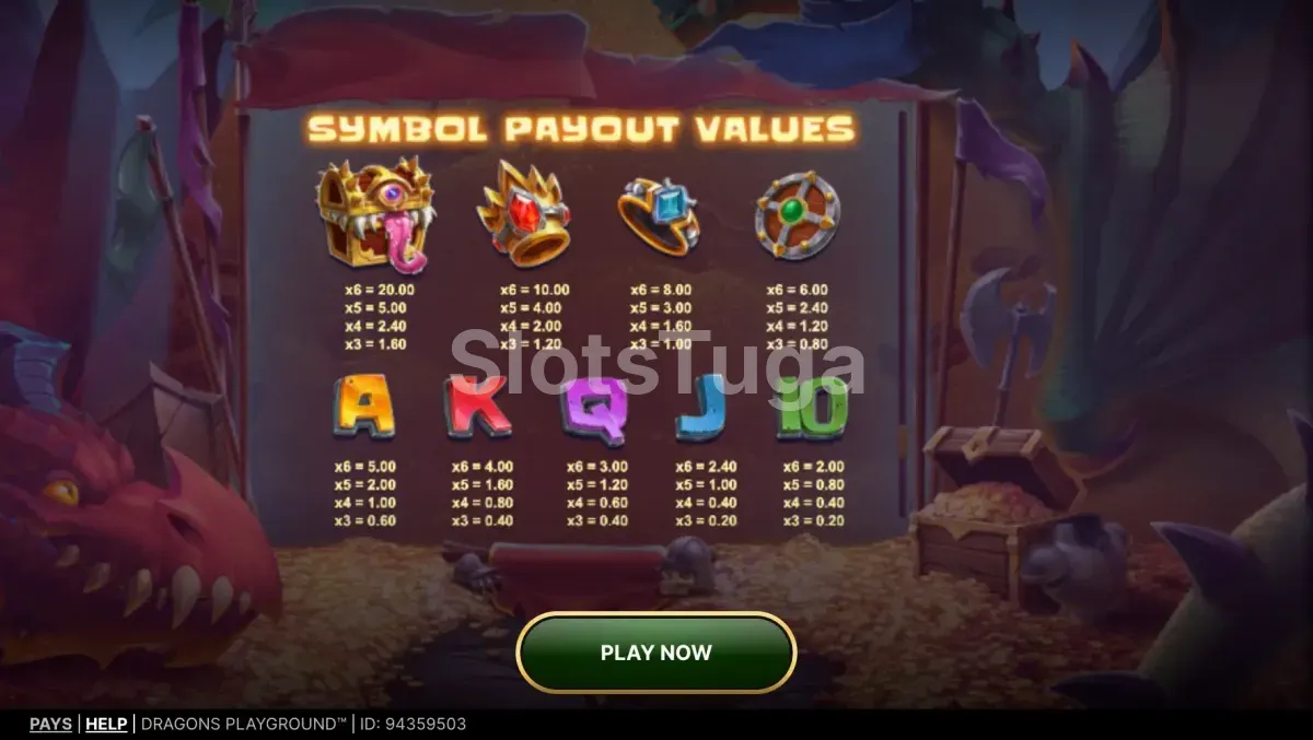 Tabela de pagamentos da Dragons Playground mostrando os símbolos especiais