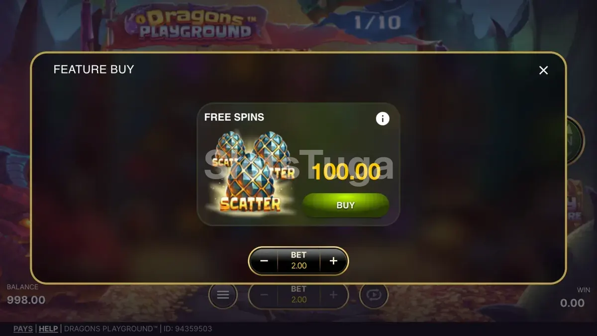 Tela de compra de bônus da Dragons Playground com opções disponíveis