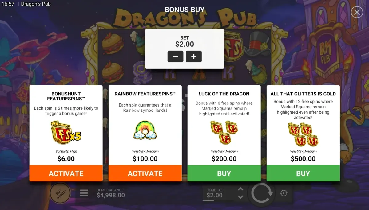 Menu de Bonus Buy de Dragons Pub