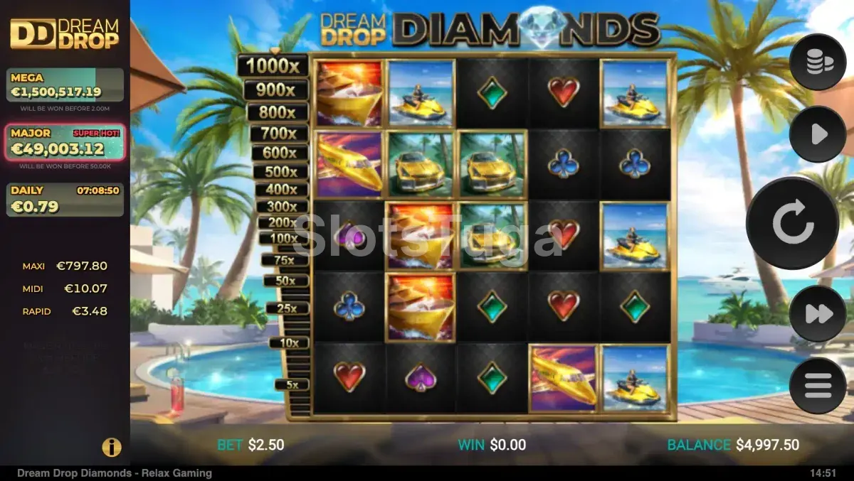 Tela principal da slot Dream Drop Diamonds com cenário de resort de luxo