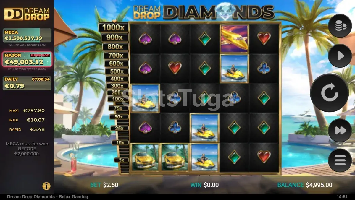 Segunda tela de jogo da Dream Drop Diamonds com símbolos especiais ativos