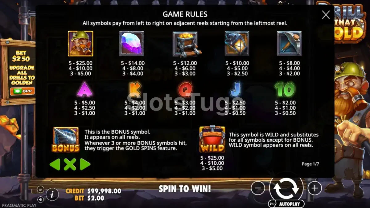 Tabela de pagamentos da slot Drill That Gold da Pragmatic Play