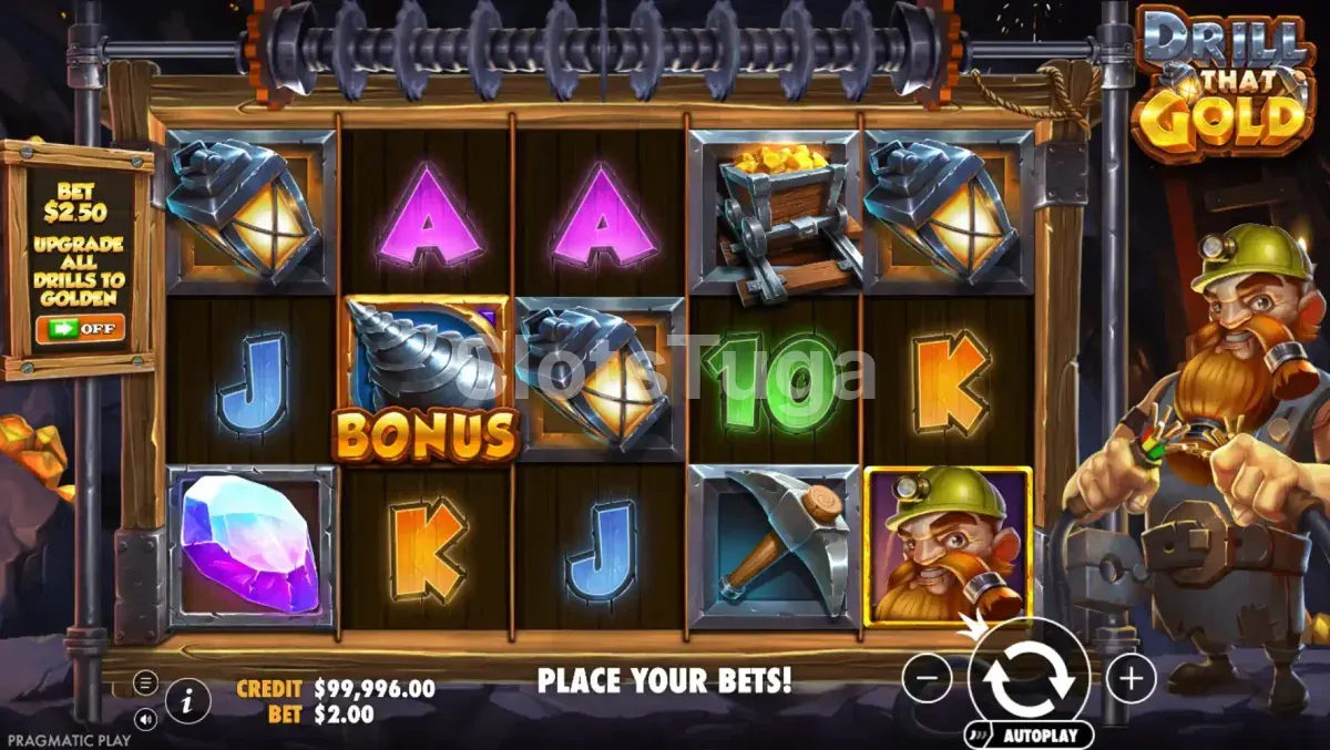 Segunda tela do jogo base da slot Drill That Gold mostrando símbolos ativos