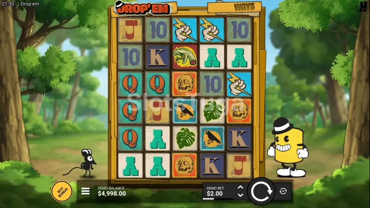 Jogo base da slot Drop 'Em com a grade de 5 rolos e 6 linhas