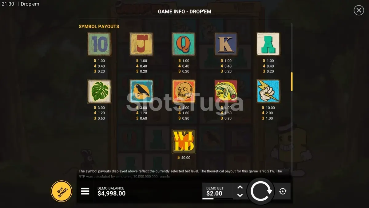 Tabela de pagamentos da slot Drop 'Em mostrando os símbolos e multiplicadores