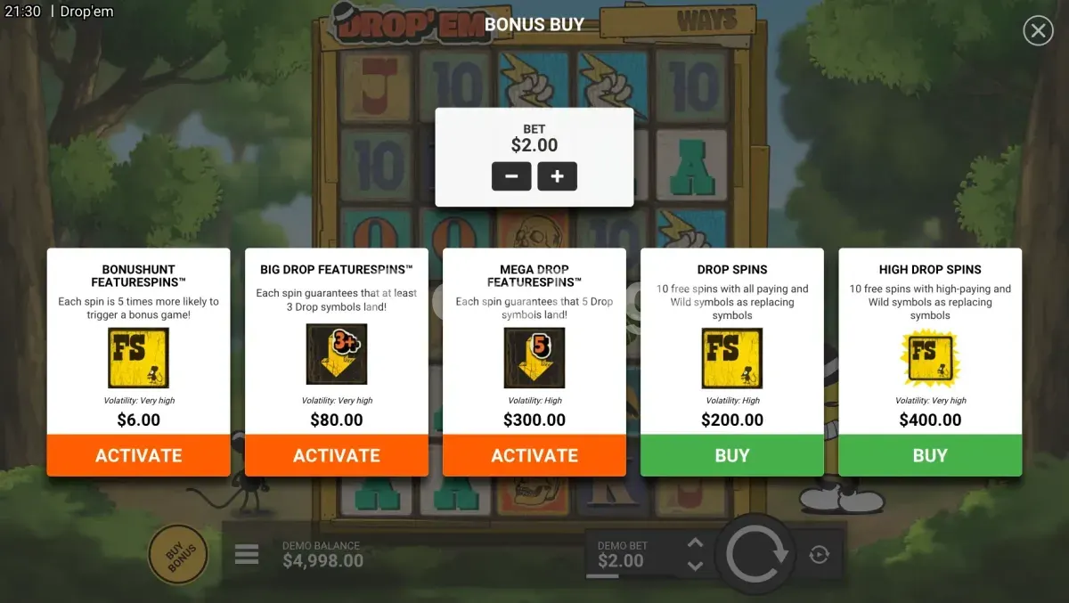 Menu de compra de bônus da slot Drop 'Em com as opções disponíveis