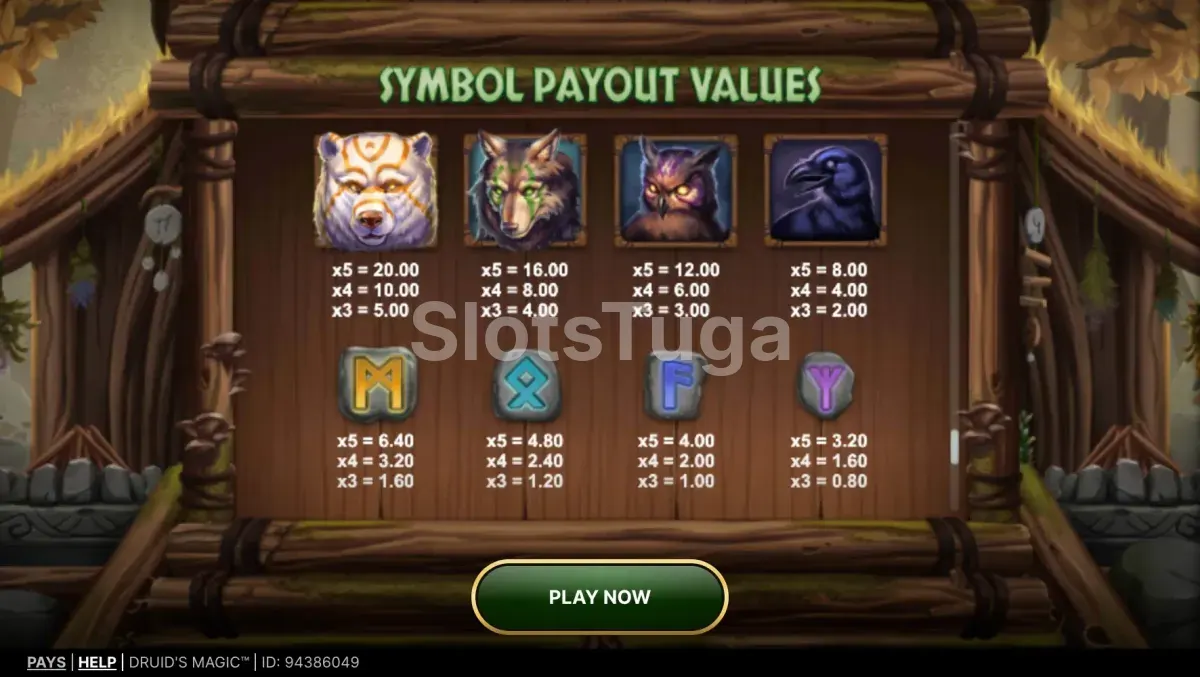 Tabela de pagamentos do Druid's Magic com os símbolos e seus valores