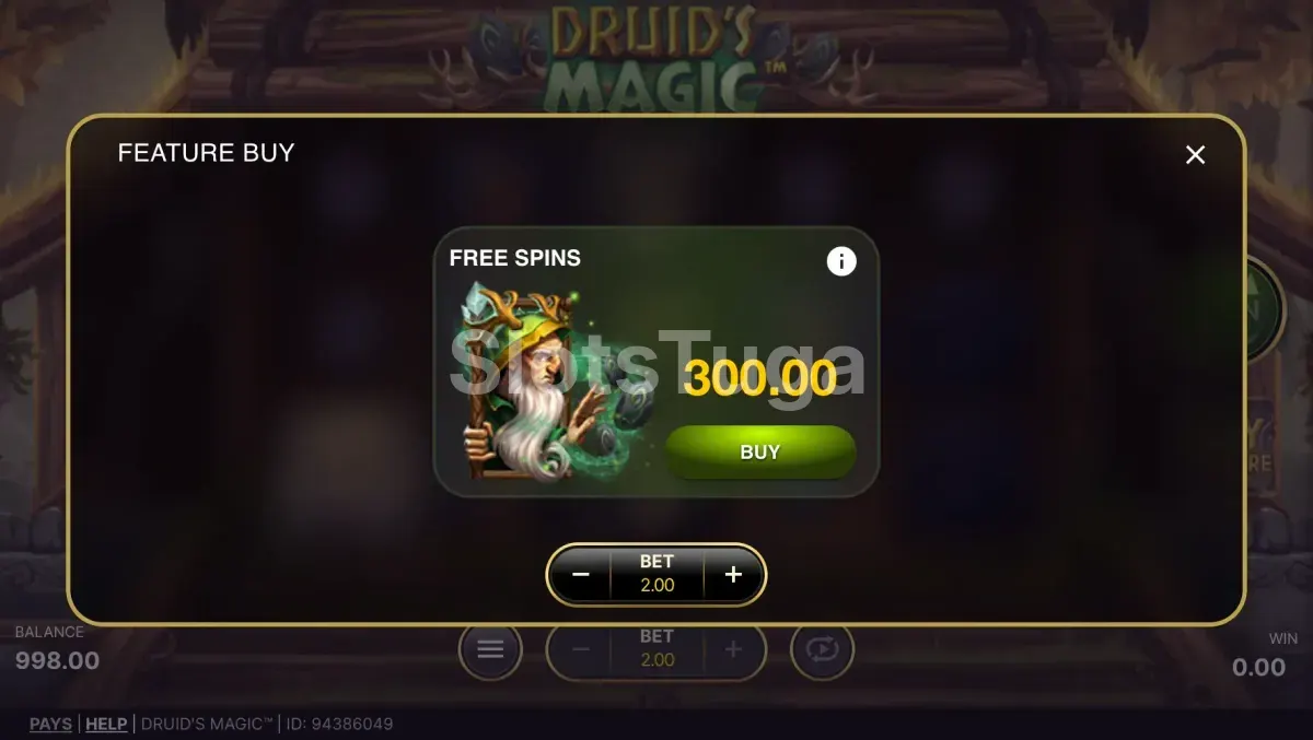 Tela de compra de bônus do Druid's Magic com opção de compra direta