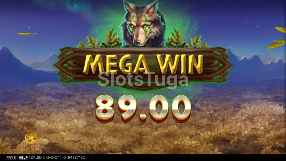 Tela de grande vitória no Druid's Magic com multiplicador alto