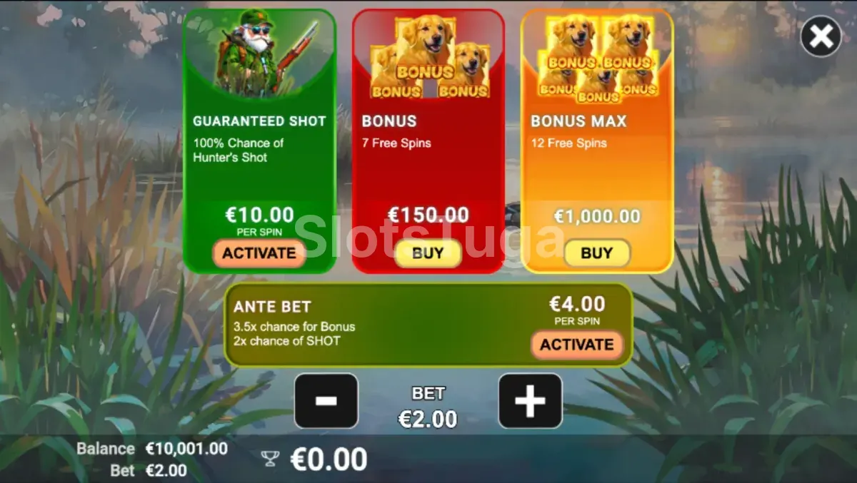 Tela de compra de bônus da slot Duck Hunt 500