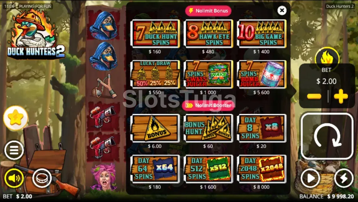 Menu de compra de bónus em Duck Hunters 2