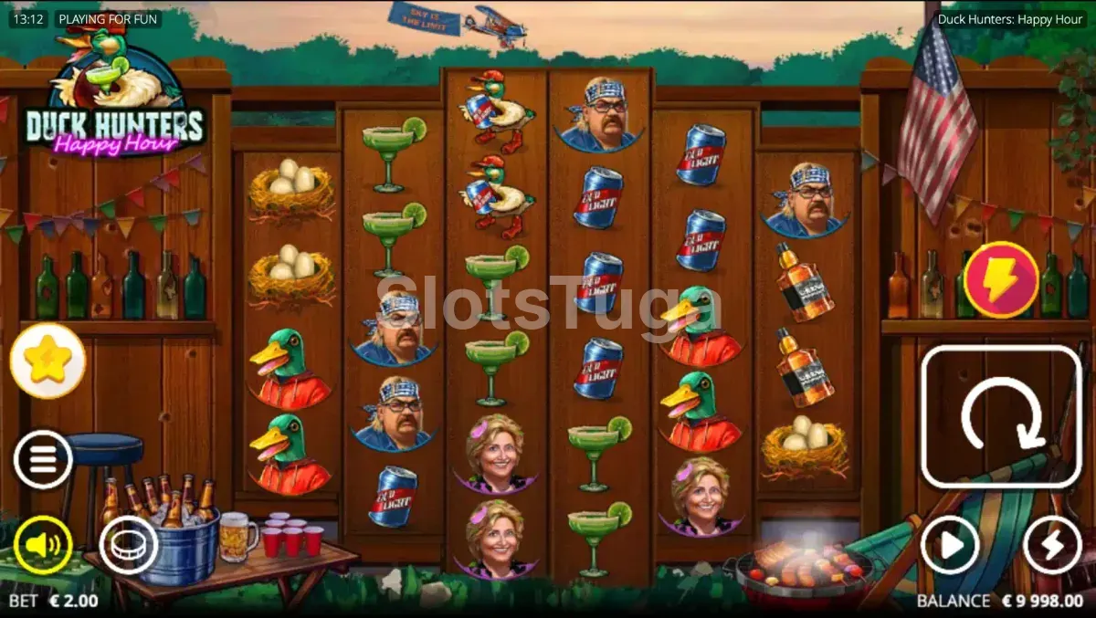 Tela inicial do Duck Hunters Happy Hour mostrando os rouleaux e símbolos do jogo base