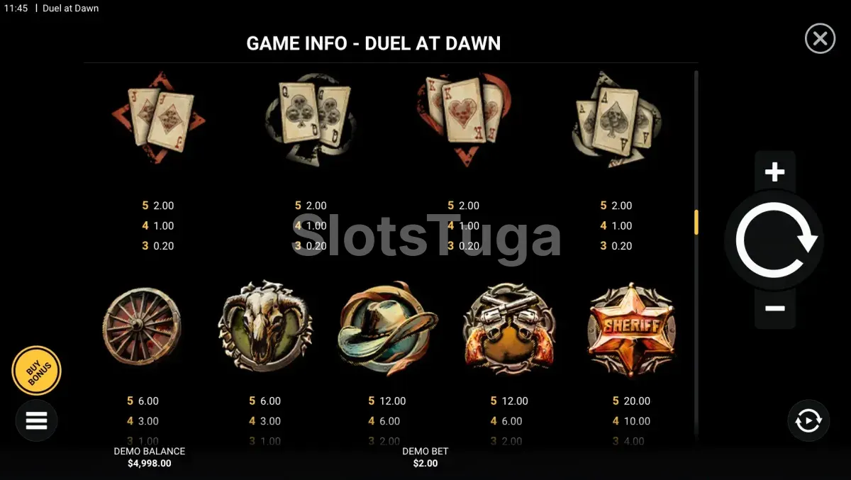 Tabela de pagamentos da slot Duel At Dawn com todos os símbolos