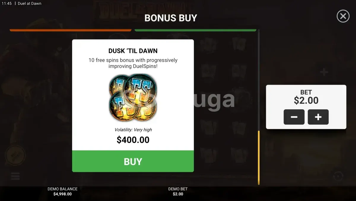 Tela de compra de bônus da slot Duel At Dawn com todas as opções disponíveis