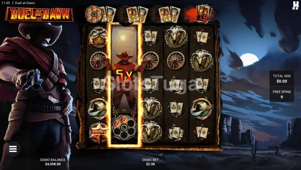 Rodadas grátis em ação na slot Duel At Dawn com DuelReels ativados