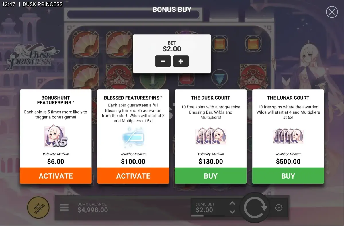Tela de compra de bônus da Dusk Princess com as opções disponíveis