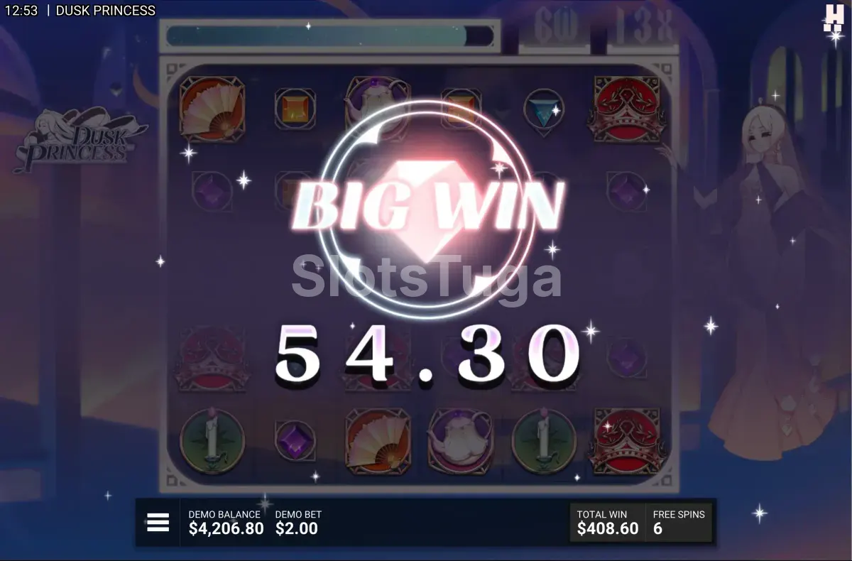 Big win na Dusk Princess com prêmio expressivo na tela