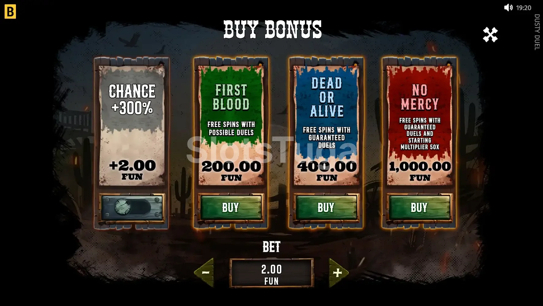 Menu de Bonus Buy do Dusty Duel com as três opções disponíveis