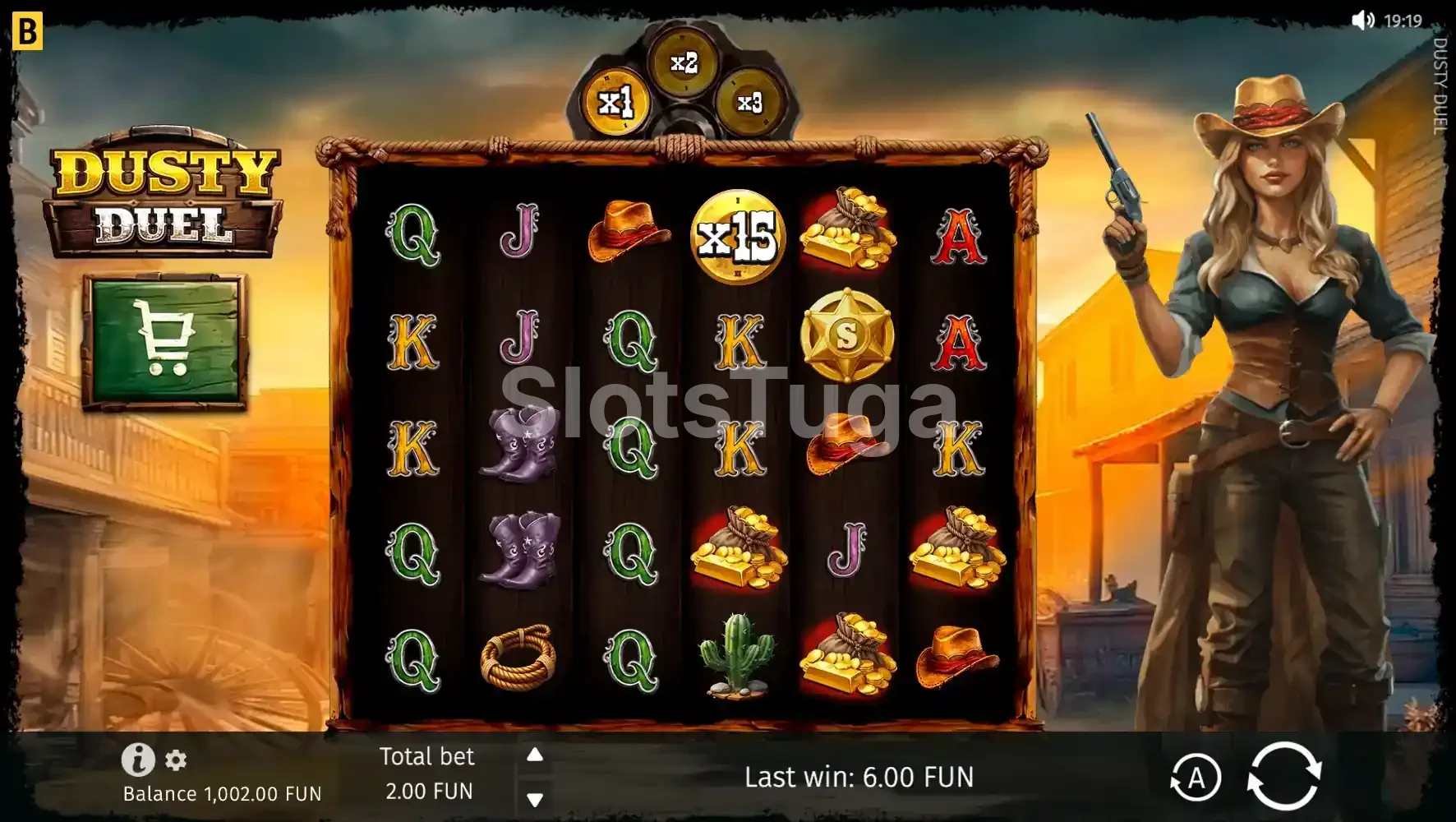 Jogo base do Dusty Duel com grid 6x5 e paisagem do Velho Oeste