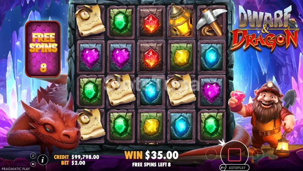 Rodada bônus de free spins da slot Dwarf & Dragon em andamento