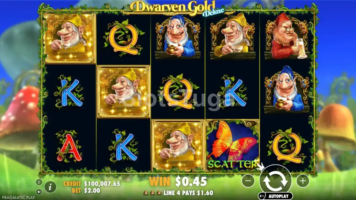 Segunda tela de gameplay da Dwarven Gold Deluxe mostrando combinação vencedora