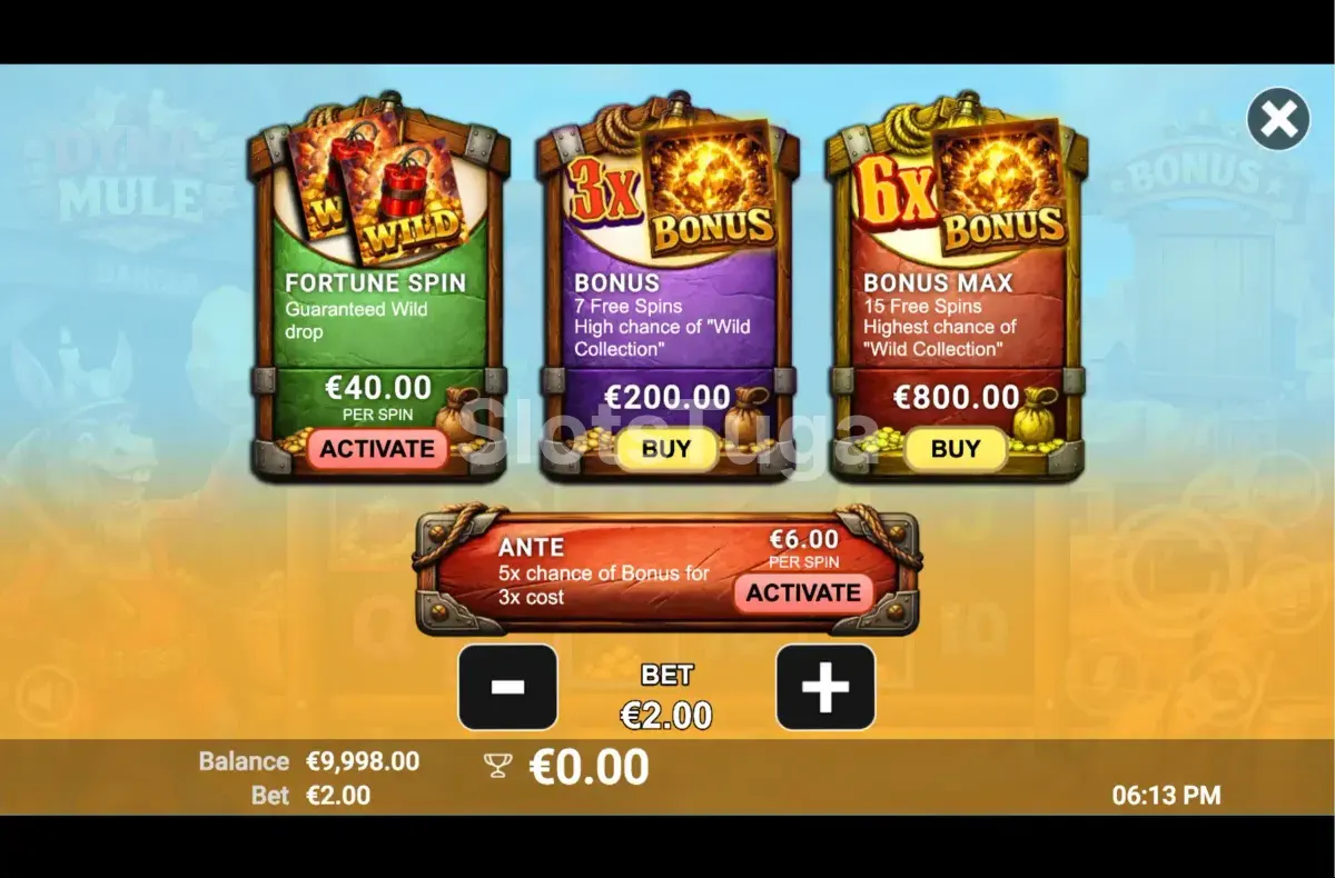 Menu de compra de bônus da slot Dyna Mule