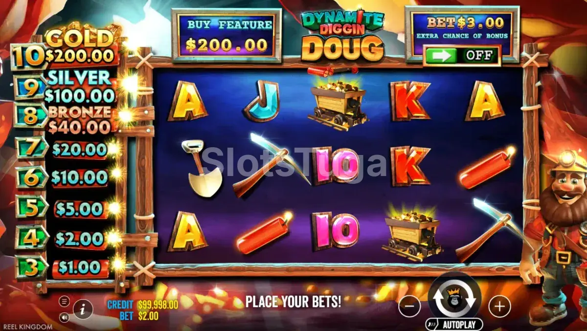 Jogo base da Dynamite Diggin Doug com a grade de 5x3 e os símbolos de mineração