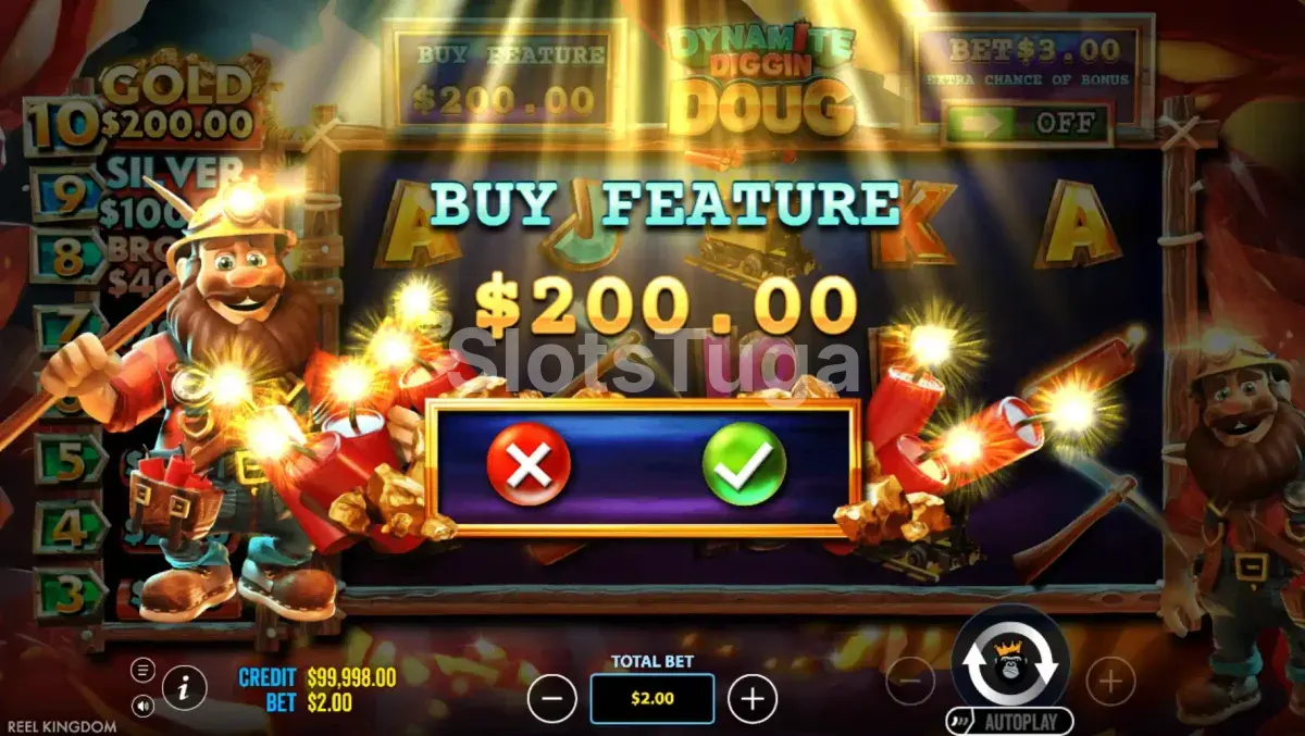 Tela de compra de bônus da Dynamite Diggin Doug com as opções de Bonus Buy e ante bet