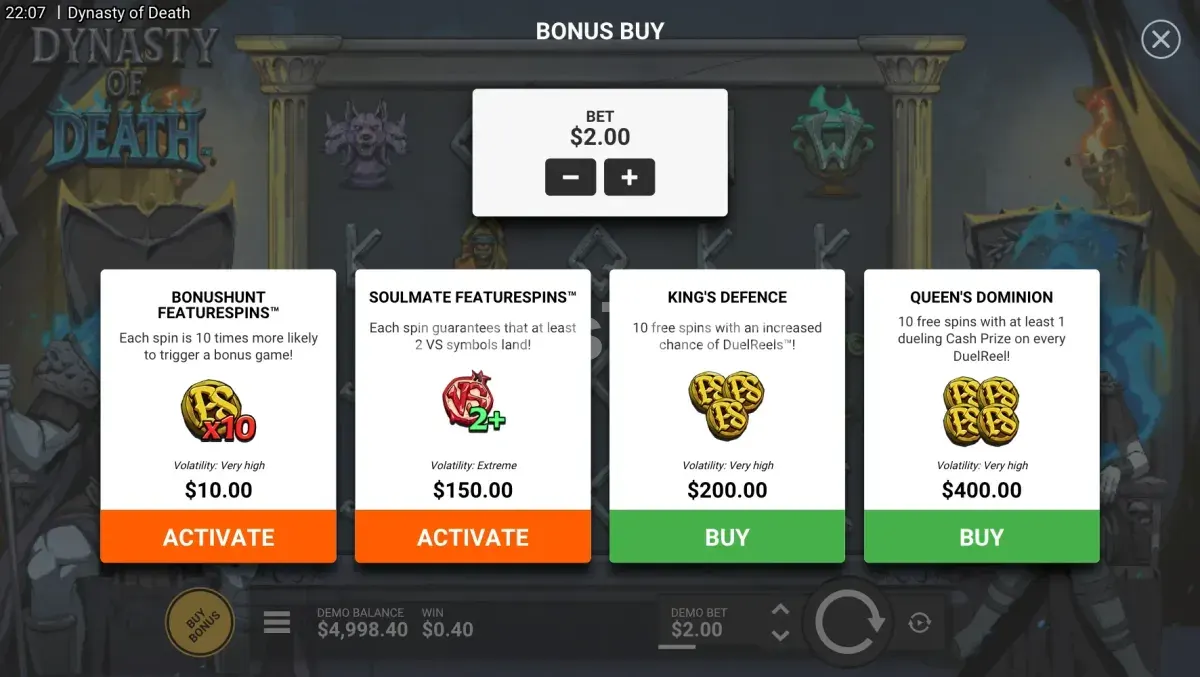 Tela de compra de bônus da Dynasty of Death com as opções disponíveis