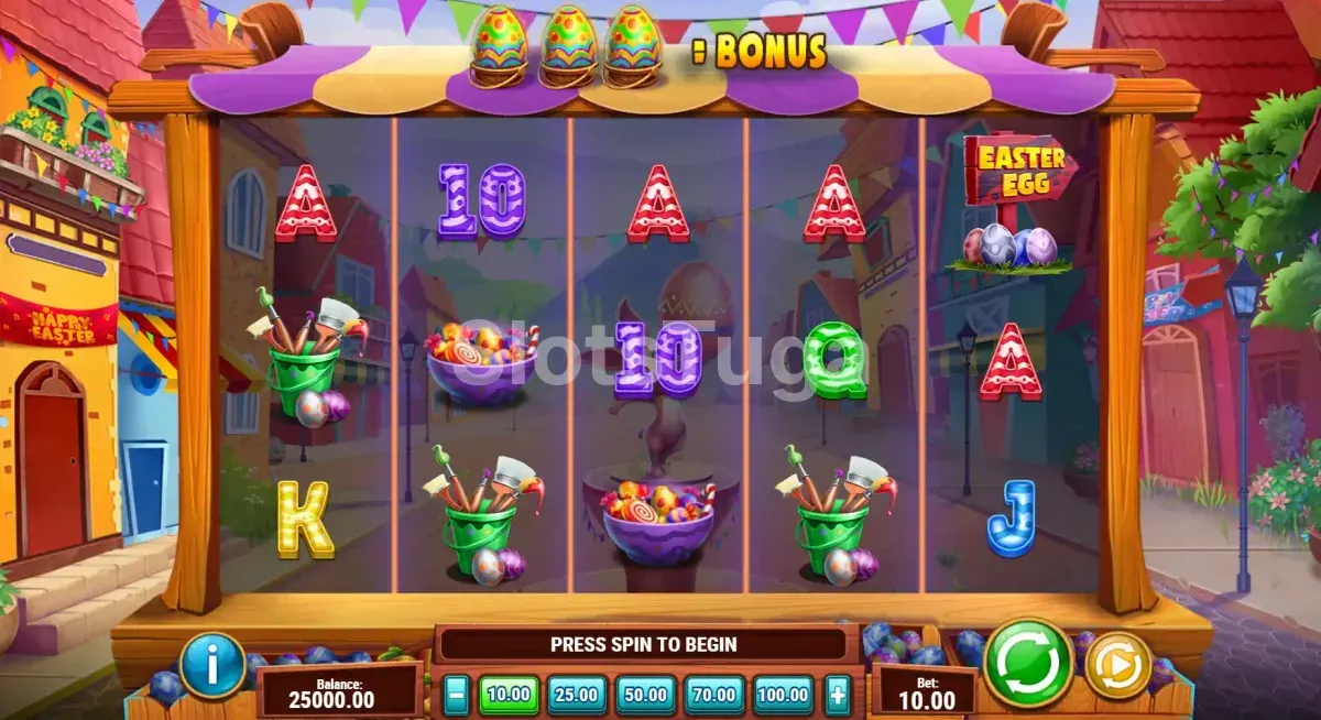 Tela principal do jogo Easter Eggspedition com o cenário de vilarejo colorido