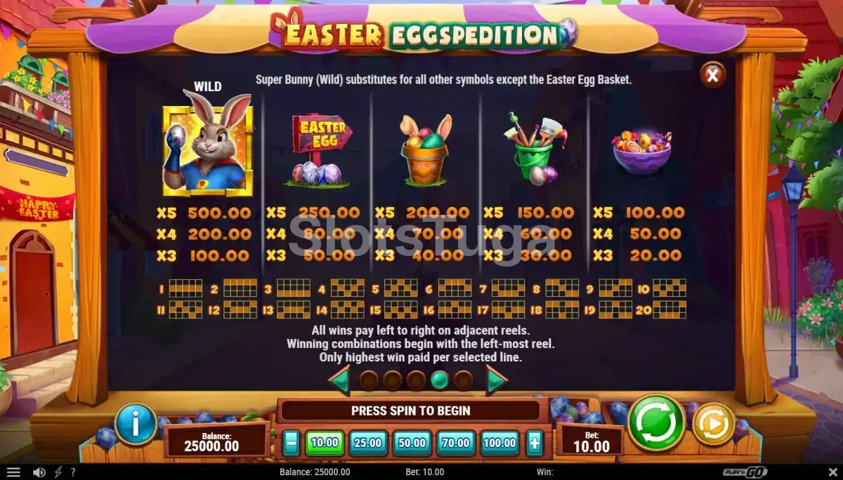 Tabela de pagamentos da Easter Eggspedition mostrando os símbolos e seus valores