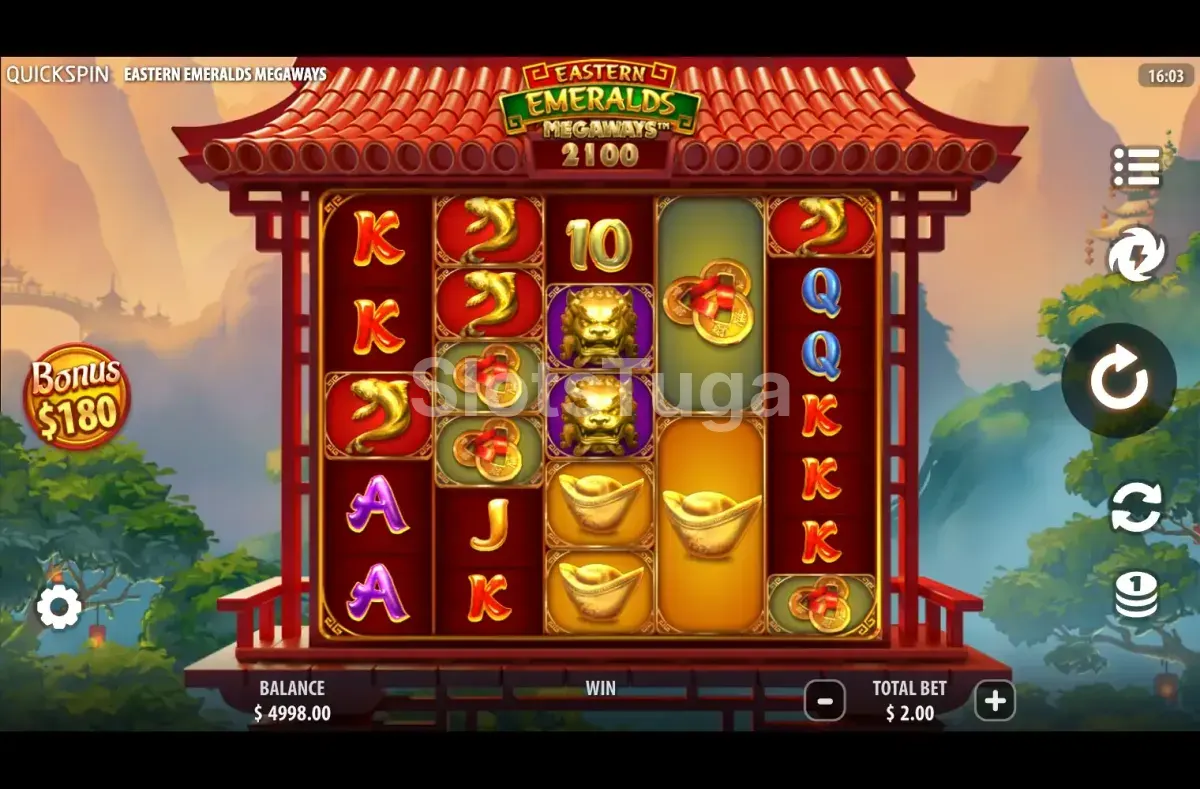 Jogo base da Eastern Emeralds Megaways com rolos ativos
