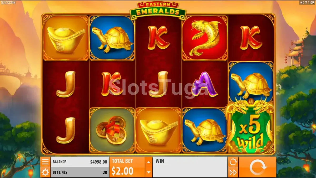 Tela principal do slot Eastern Emeralds com rolos e símbolos orientais