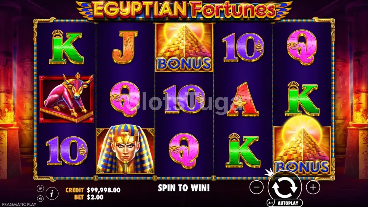 Tela principal da slot Egyptian Fortunes com os rouleaux e símbolos egípcios