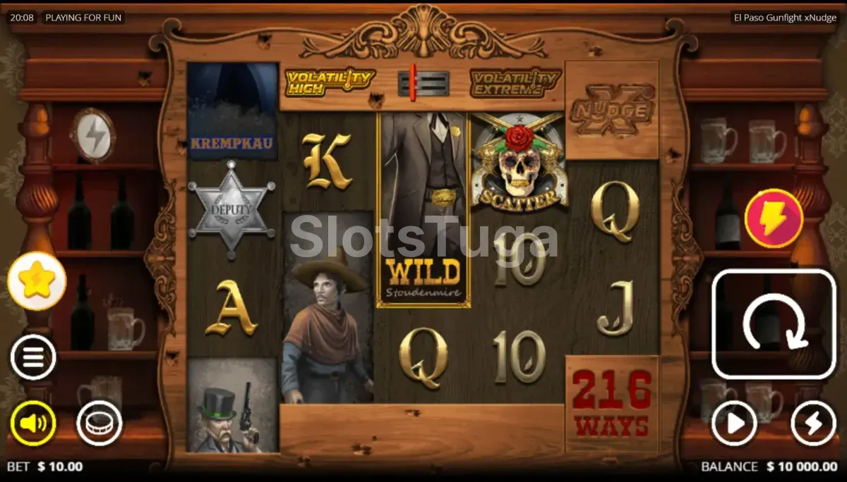 El Paso Gunfight xNudge: rolos de madeira num saloon, com o wild Stoudenmire a ocupar o rolo central, um xerife adjunto, pistoleiros de sombrero e cartola, o scatter da caveira e o seletor de volatilidade High ou Extreme no topo.