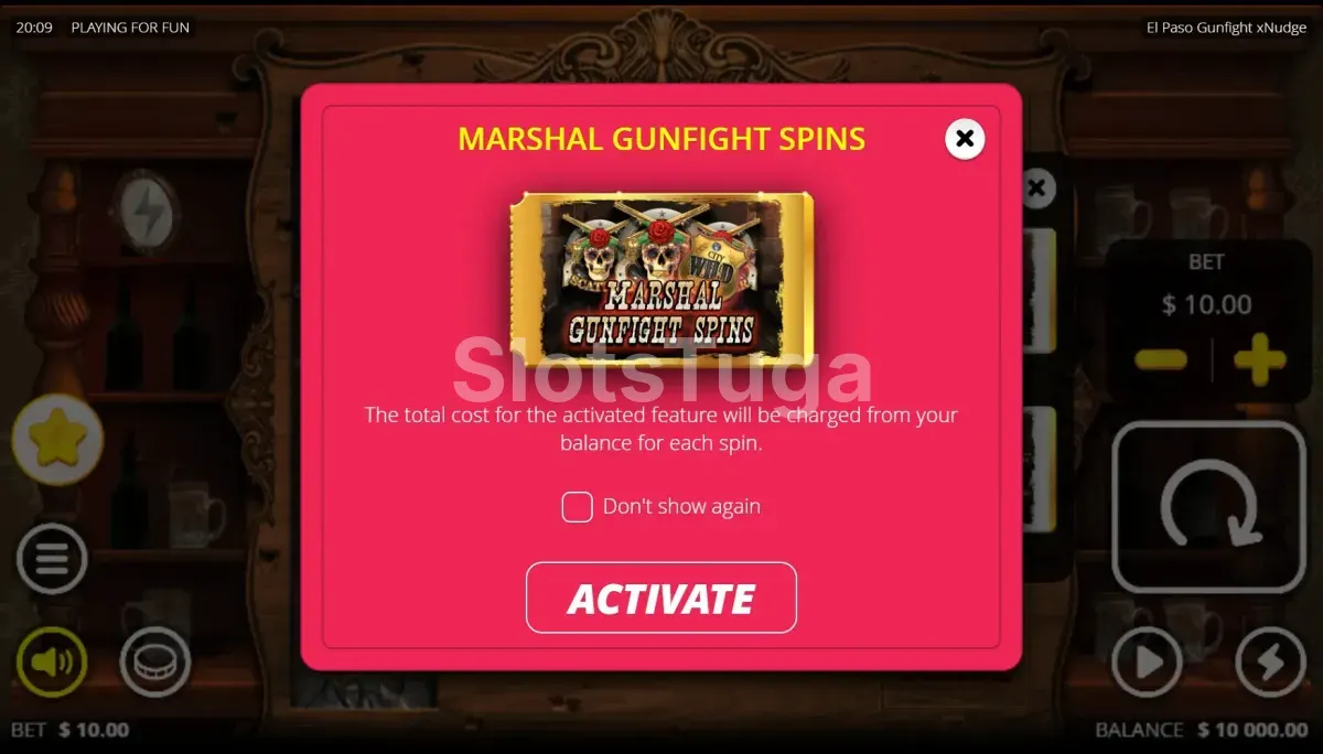O aviso de confirmação de El Paso Gunfight xNudge, que informa que o custo total da funcionalidade será descontado do saldo em cada jogada.