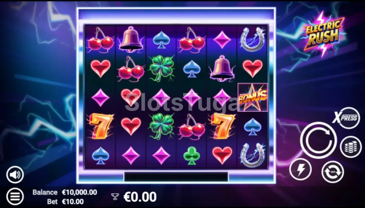 Jogo base da slot Electric Rush com seus 6 rolos e visual elétrico
