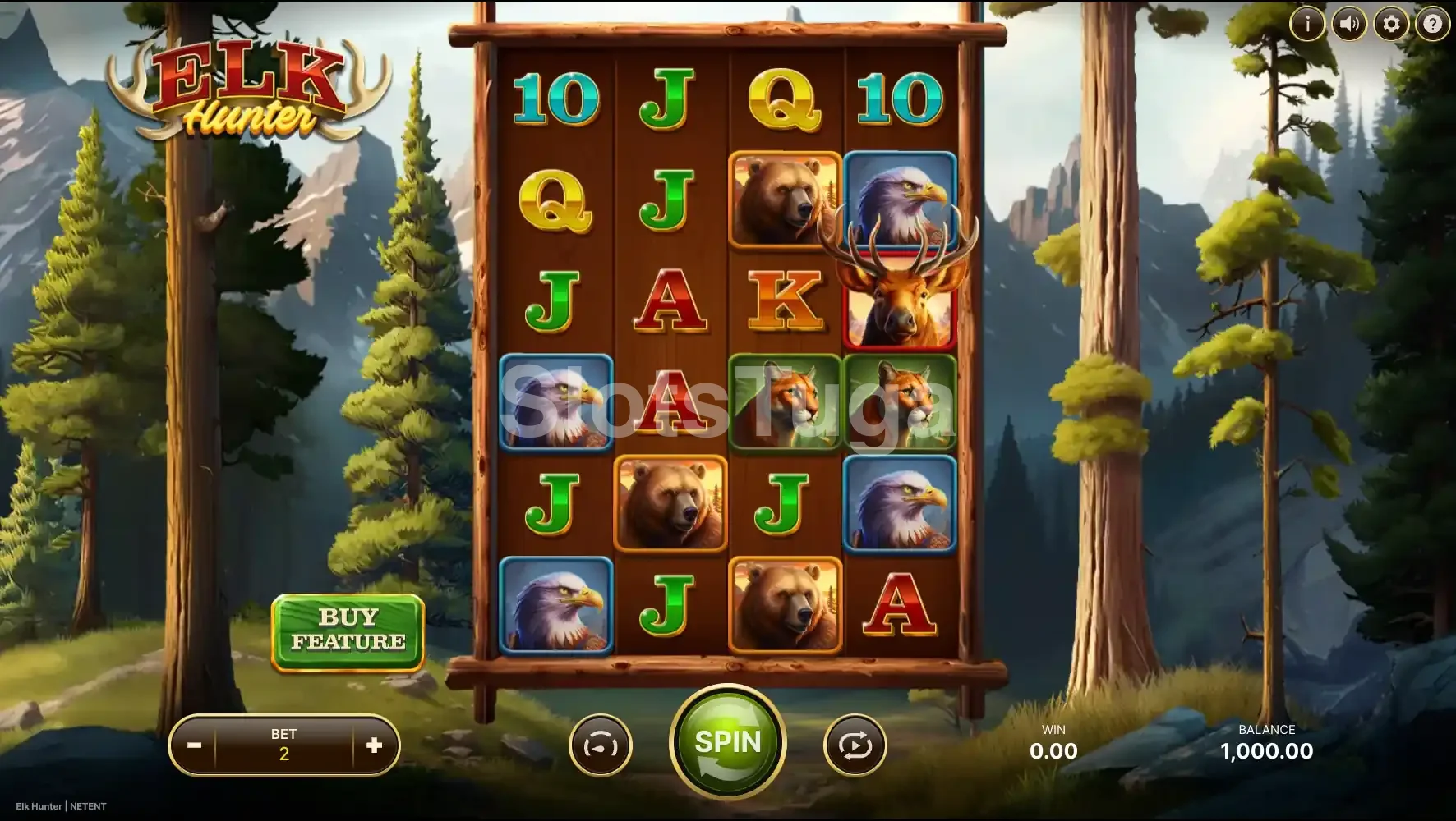 Jogo base da Elk Hunter com painel de 6 rolos e 4 linhas na floresta