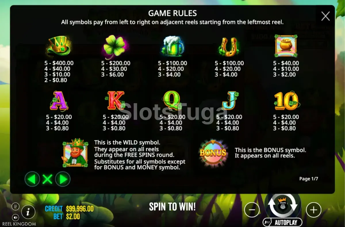 Tabela de pagamentos da slot Emerald King Wheel of Wealth