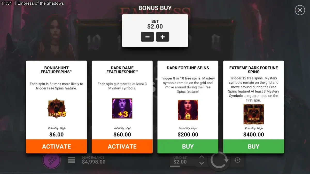Tela de compra de bônus da Empress of the Shadows com opções disponíveis