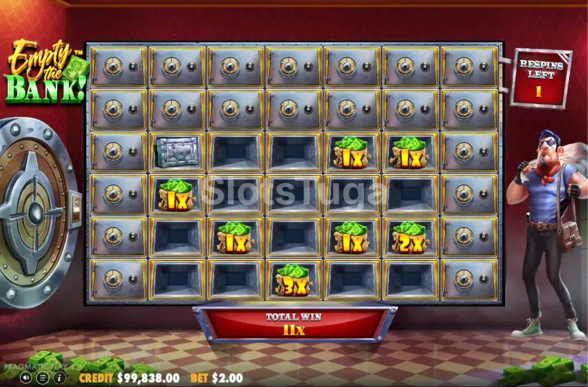 Rodadas grátis ativadas na slot Empty the Bank com multiplicadores em destaque