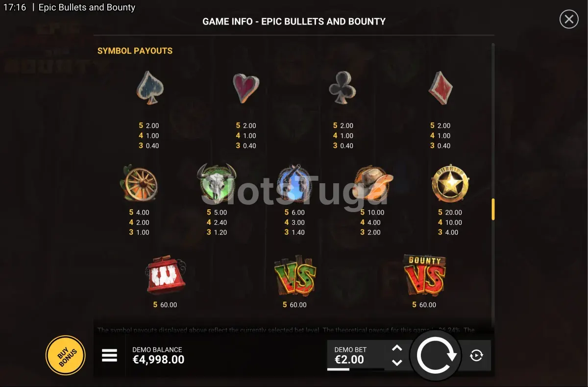 Tabela de pagamentos da Epic Bullets & Bounty mostrando os símbolos e prêmios