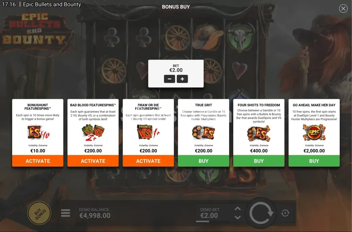 Tela de compra de bônus da Epic Bullets & Bounty com as opções disponíveis