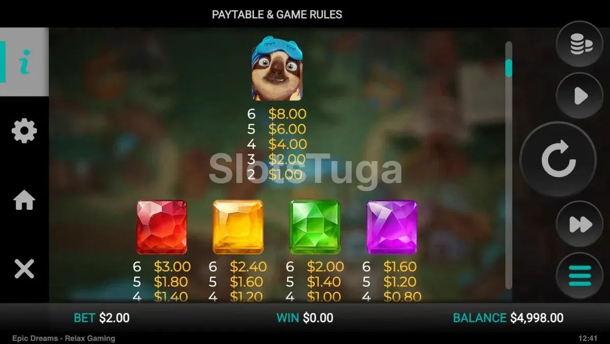 Tabela de pagamentos do Epic Dreams mostrando símbolos e valores