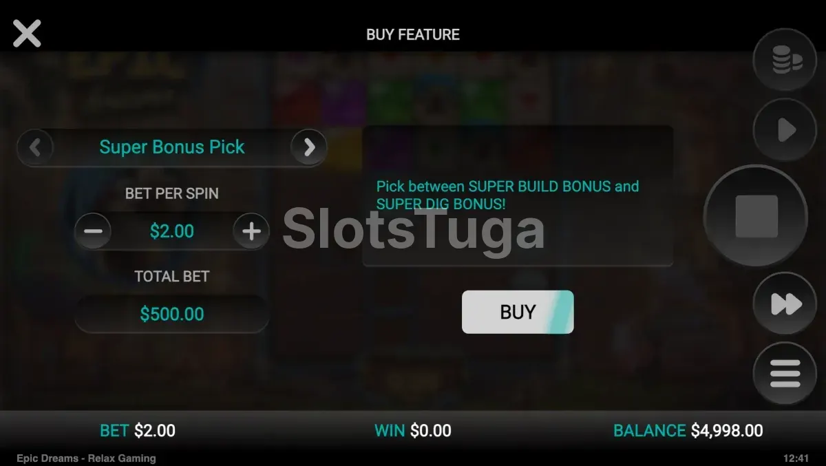 Tela de compra de bônus do Epic Dreams com opções disponíveis