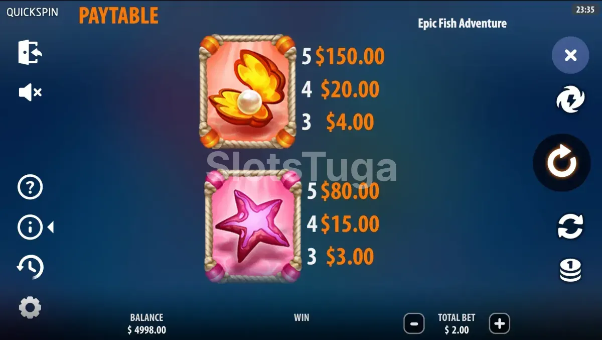 Tabela de pagamentos da Epic Fish Adventure mostrando os símbolos e multiplicadores