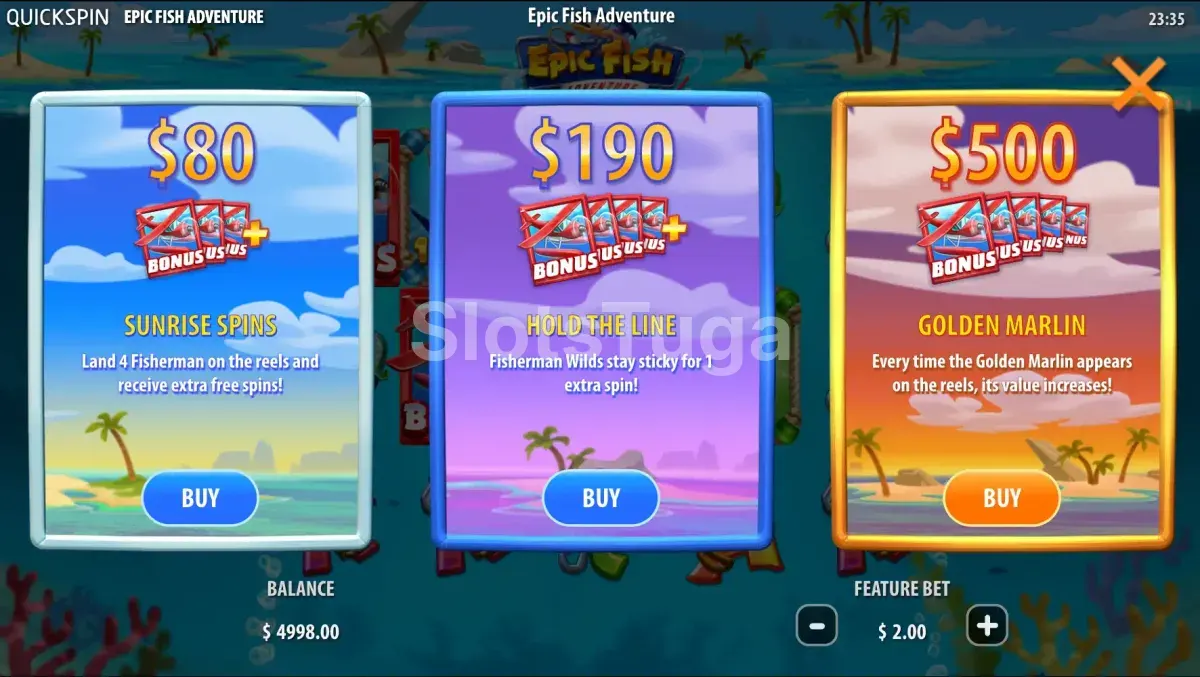 Tela de compra de bônus da Epic Fish Adventure com as três opções disponíveis