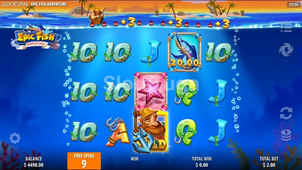 Rodadas grátis da Epic Fish Adventure com wilds coletando peixes nos rolos