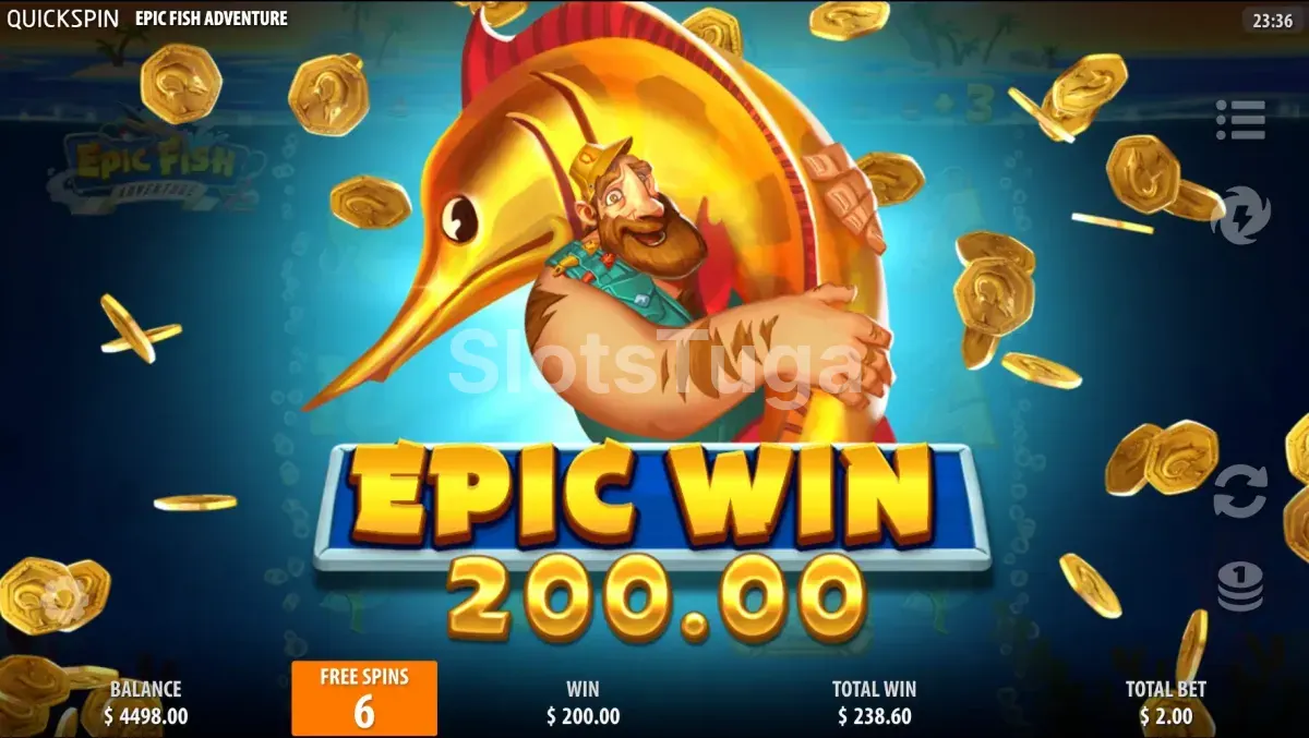 Vitória épica na slot Epic Fish Adventure com multiplicador alto na tela