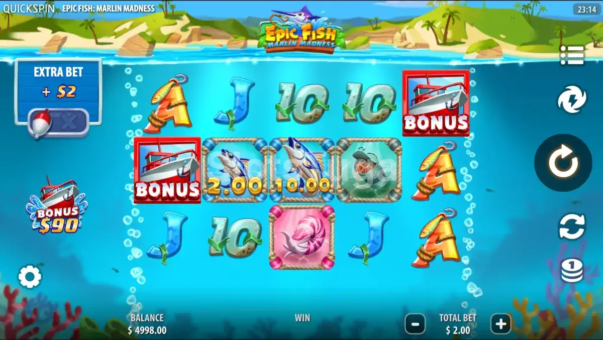 Tela principal do jogo Epic Fish Marlin Madness com o grid flutuando no Mar de Coral